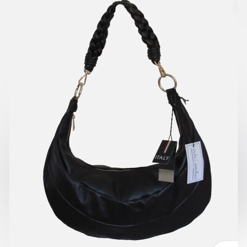 Viola Castellani Italy Genuine Leather Hobo Bag Black Braided Handle NWT